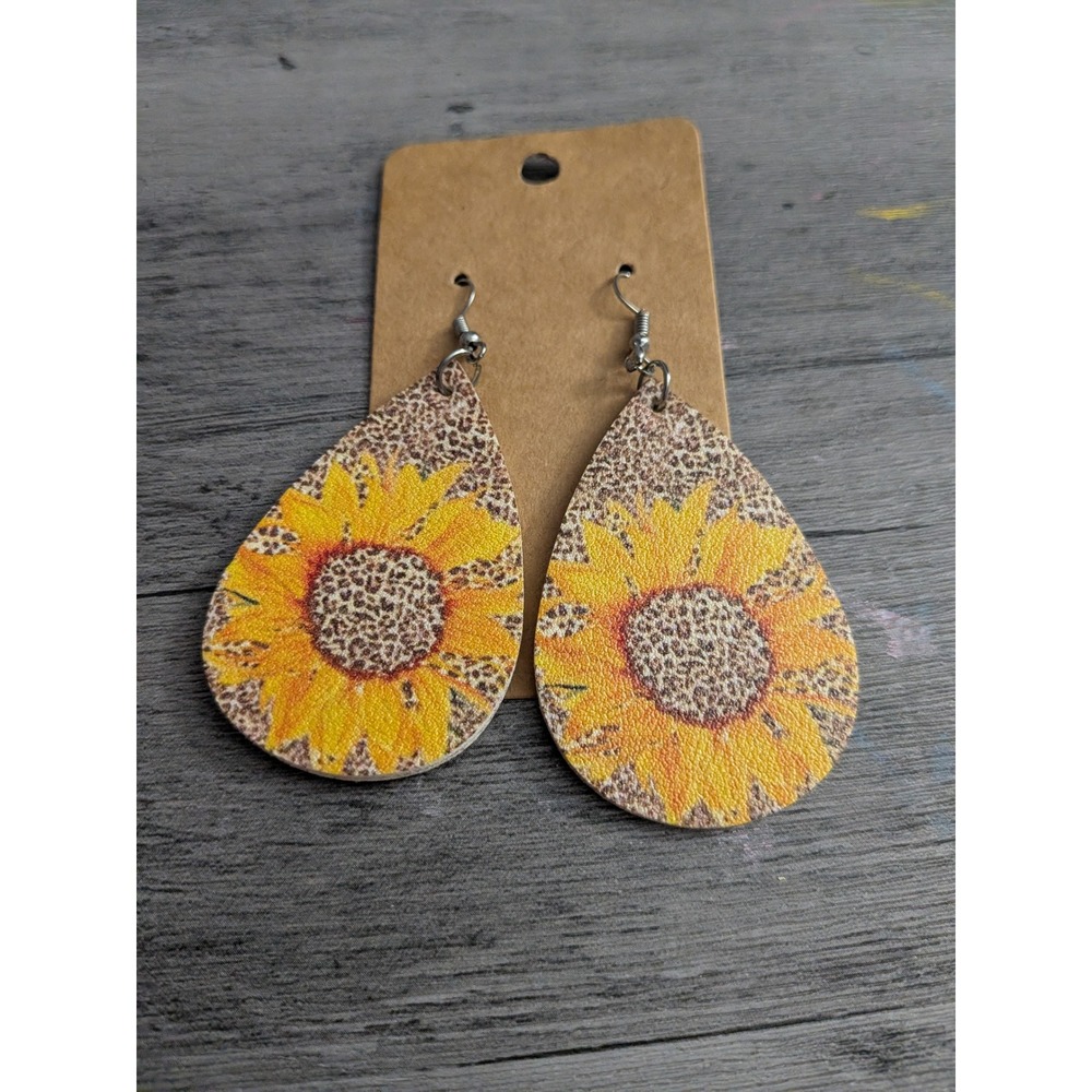 Faux Leather Sunflower Leopard Print Teardrop Dangle Earrings Boho Western